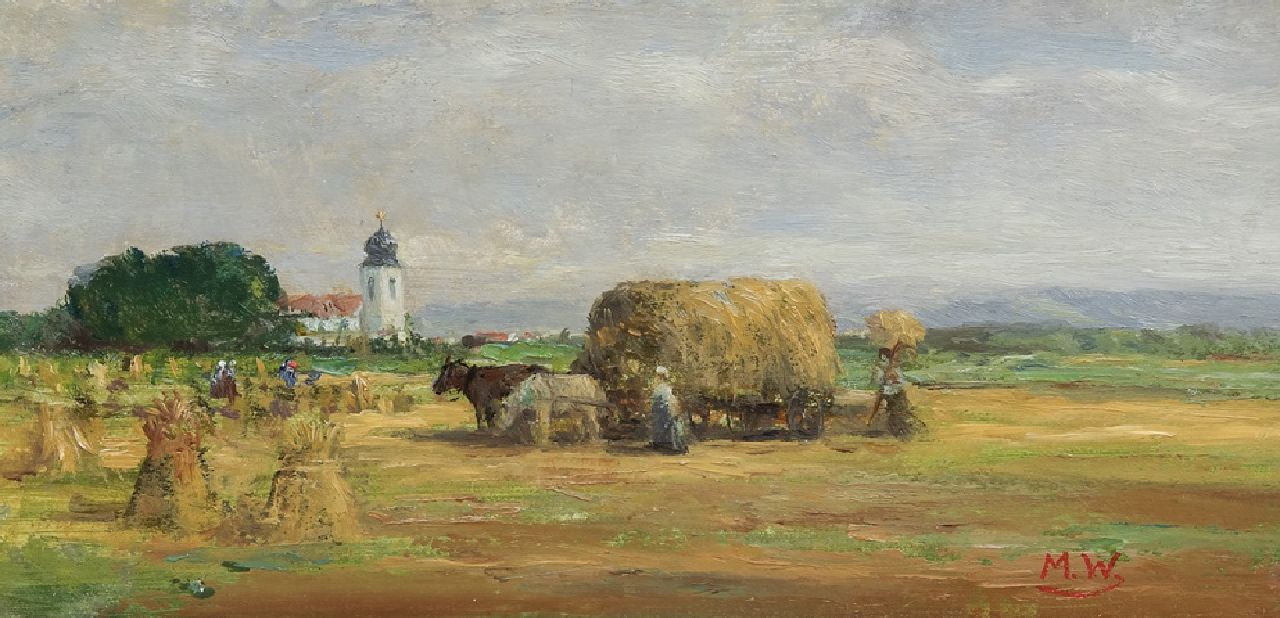 Meyer-Wiegand R.D. | Rolf Dieter Meyer-Wiegand | Schilderijen te koop aangeboden | Graanoogst in Beieren, olieverf op schildersboard 10,0 x 20,0 cm, gesigneerd rechtsonder met initialen en verso met atelierstempel Meyer-Wiegand R.D. | Rolf Dieter Meyer-Wiegand | Schilderijen te koop aangeboden | Graanoogst in Beieren, olieverf op schildersboard 10,0 x 20,0 cm, gesigneerd rechtsonder met initialen en verso met atelierstempel