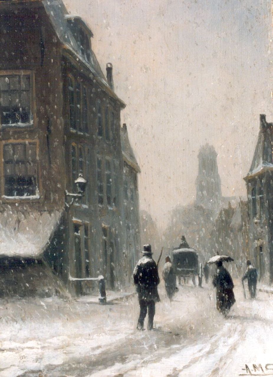 Geijp A.M.  | Adriaan Marinus Geijp, Besneeuwd stadsgezicht, olieverf op paneel 19,6 x 14,5 cm, gesigneerd rechtsonder