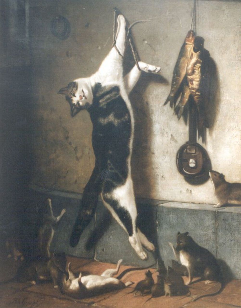Gempt B. te | Bernard te Gempt, Dode kat en blije nieuwsgierige ratten, olieverf op doek 118,0 x 94,0 cm, gesigneerd linksonder Gempt B. te | Bernard te Gempt, Dode kat en blije nieuwsgierige ratten, olieverf op doek 118,0 x 94,0 cm, gesigneerd linksonder