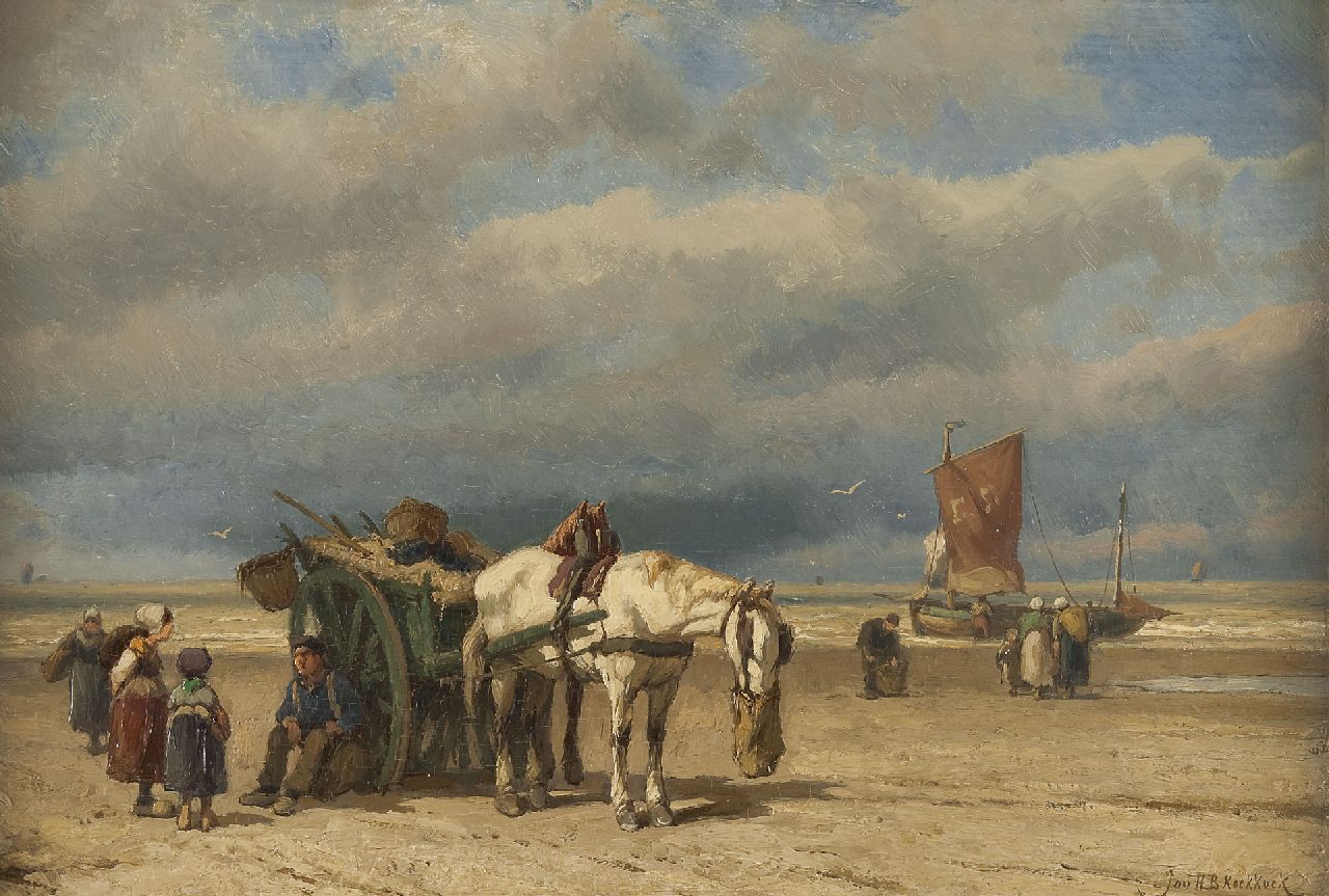 Koekkoek J.H.B. | Johannes Hermanus Barend 'Jan H.B.' Koekkoek, Strandgezicht met schelpenkar, olieverf op paneel 32,8 x 49,1 cm, gesigneerd rechtsonder Koekkoek J.H.B. | Johannes Hermanus Barend 'Jan H.B.' Koekkoek, Strandgezicht met schelpenkar, olieverf op paneel 32,8 x 49,1 cm, gesigneerd rechtsonder