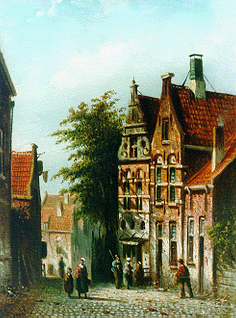 Spohler J.F. | Johannes Franciscus Spohler, Zonnig straatje met figuren, olieverf op paneel 20,8 x 15,9 cm, gesigneerd linksonder Spohler J.F. | Johannes Franciscus Spohler, Zonnig straatje met figuren, olieverf op paneel 20,8 x 15,9 cm, gesigneerd linksonder