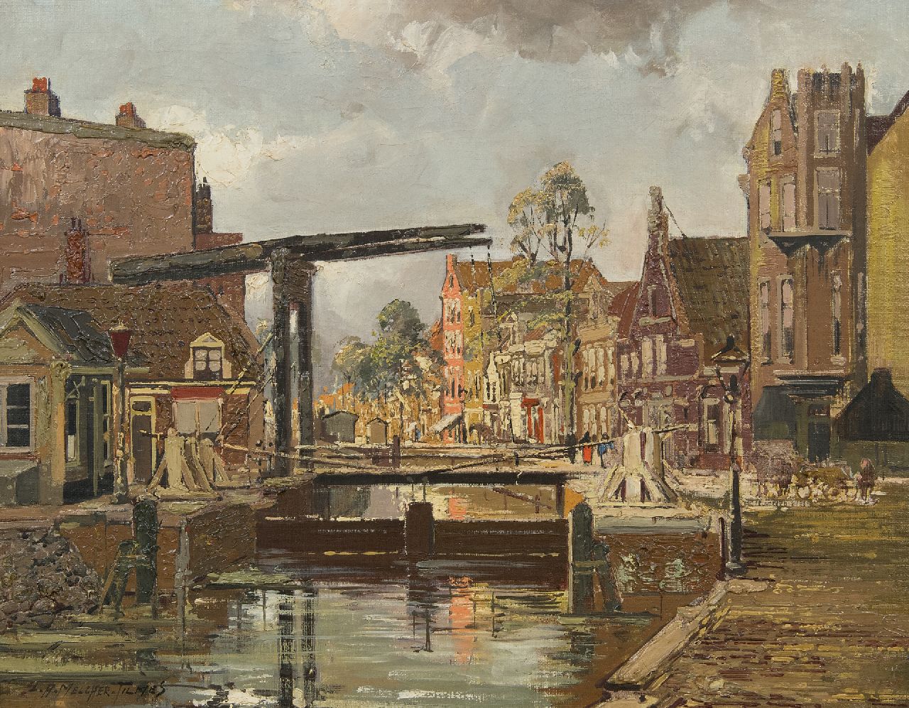 Jan Hermanus Melcher Tilmes | Brug over de Schinkel, de Sluis bij de Overtoom Amsterdam, olieverf op doek, 35,2 x 44,7 cm, gesigneerd l.o. Jan Hermanus Melcher Tilmes | Brug over de Schinkel, de Sluis bij de Overtoom Amsterdam, olieverf op doek, 35,2 x 44,7 cm, gesigneerd l.o.