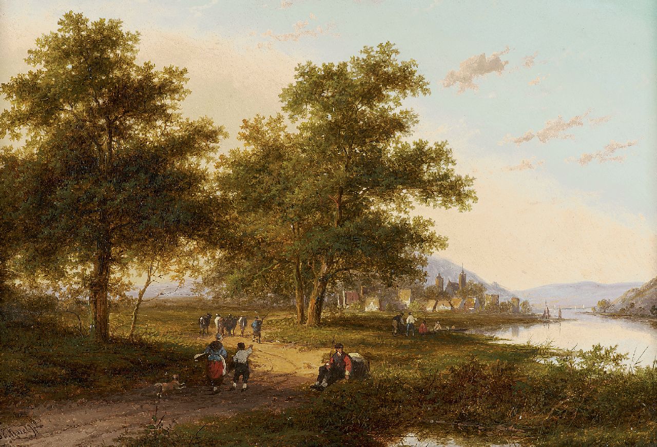 Morel II J.E.  | Jan Evert Morel II, Voetvolk op weg naar een rivierdorp, olieverf op paneel 24,2 x 34,8 cm, gesigneerd linksonder