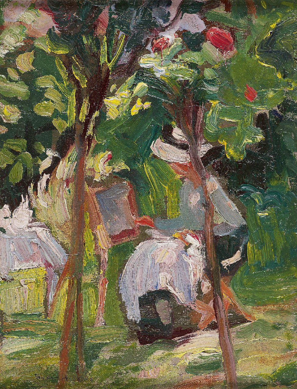 Watkins S. | Susan Watkins, Schilderen in de tuin, olieverf op doek op board 23,1 x 17,9 cm, gesigneerd linksonder Watkins S. | Susan Watkins, Schilderen in de tuin, olieverf op doek op board 23,1 x 17,9 cm, gesigneerd linksonder
