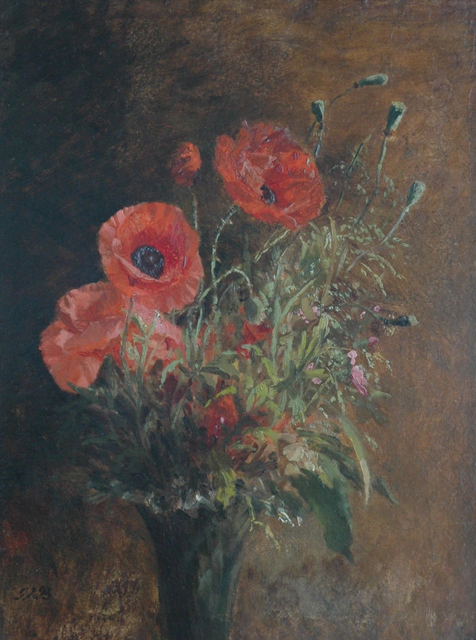Sande Bakhuyzen G.J. van de | 'Gerardine' Jacoba van de Sande Bakhuyzen, Stilleven met klaprozen, olieverf op schildersboard 48,0 x 36,2 cm, gesigneerd linksonder met initialen