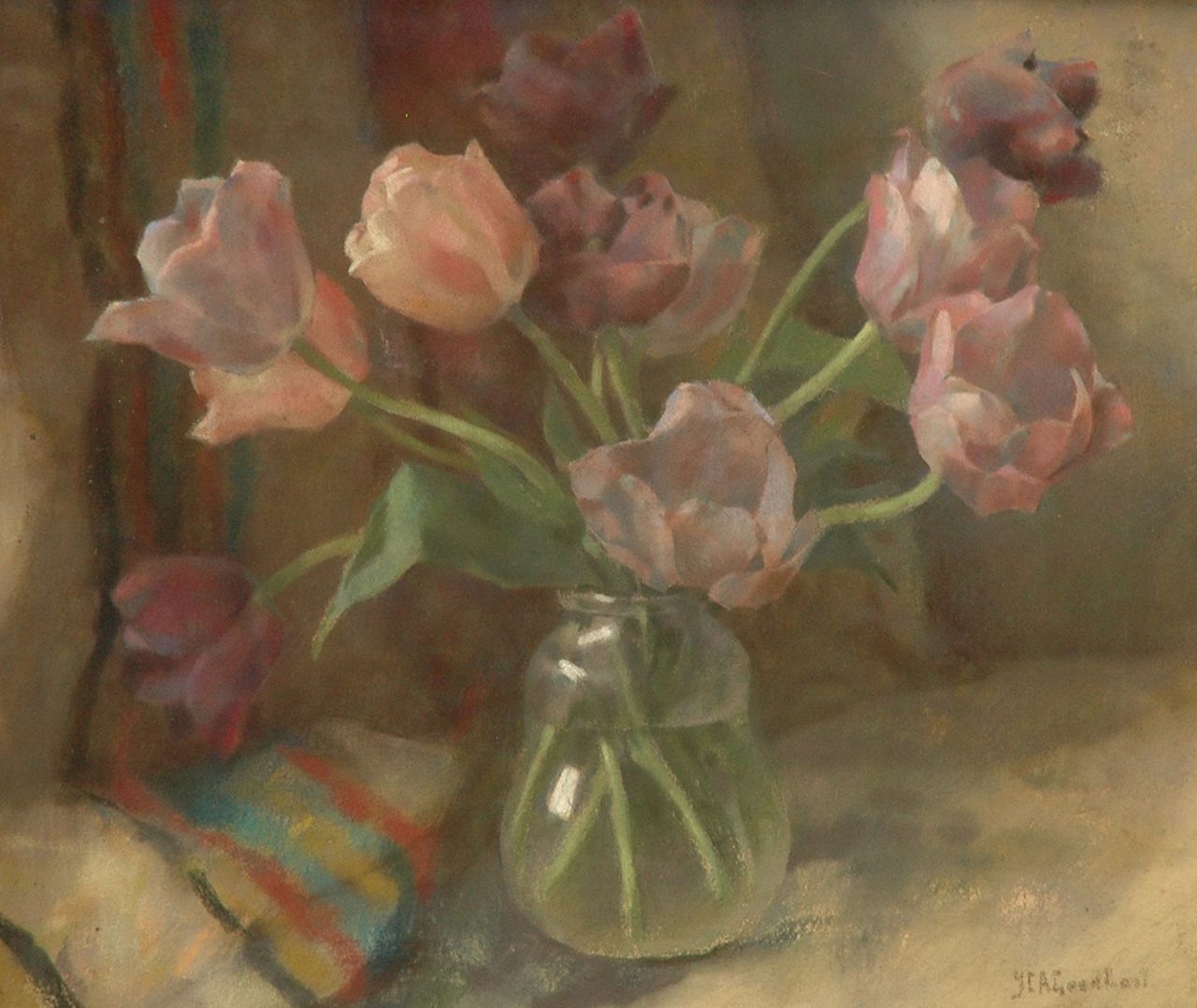 Goedhart J.C.A. | 'Jan' Catharinus Adriaan Goedhart, Tulpen in glazen vaas, pastel op doek 50,0 x 60,0 cm, gesigneerd rechtsonder Goedhart J.C.A. | 'Jan' Catharinus Adriaan Goedhart, Tulpen in glazen vaas, pastel op doek 50,0 x 60,0 cm, gesigneerd rechtsonder