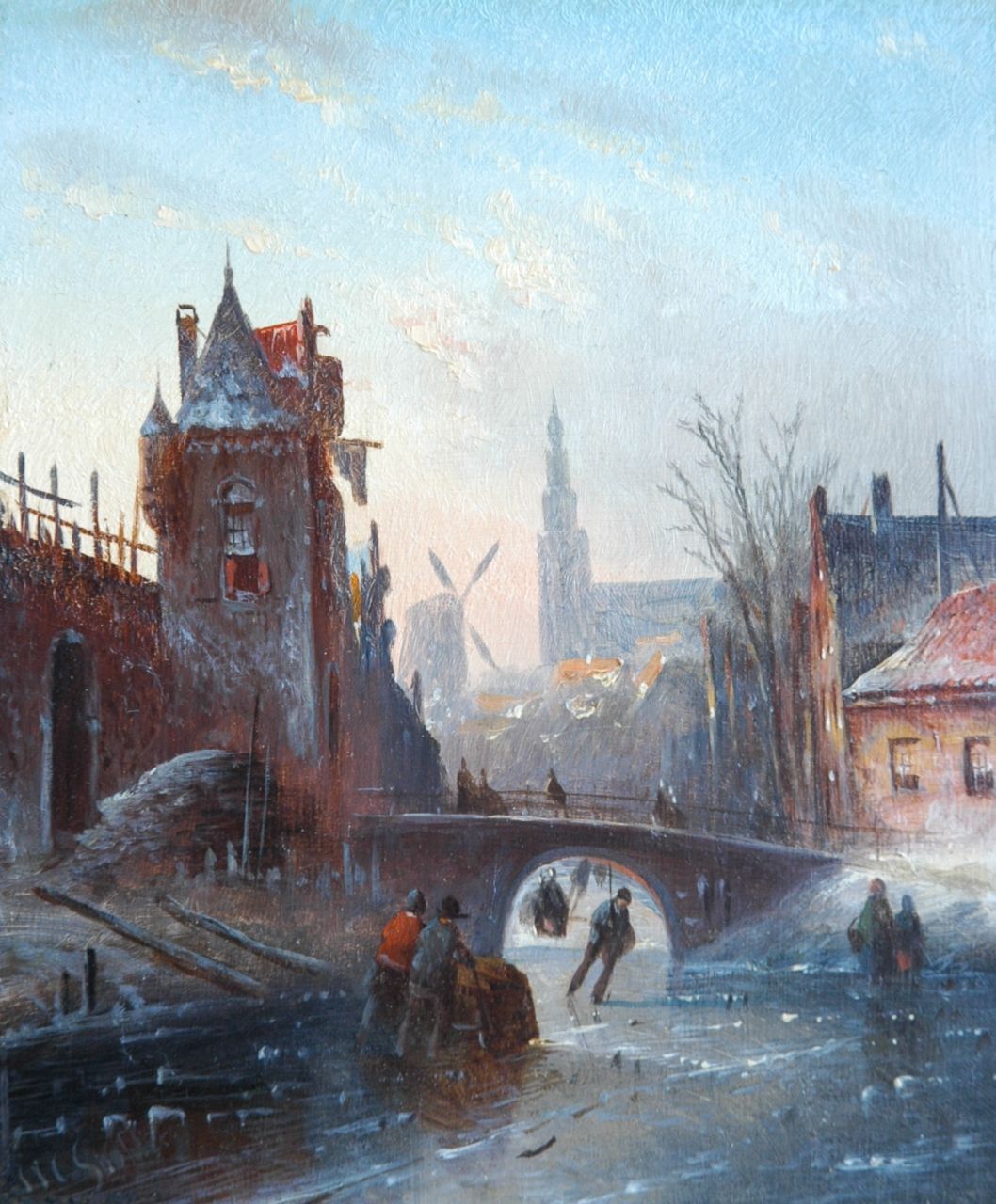 Spohler J.J.C.  | Jacob Jan Coenraad Spohler, Stadsgrachtje met schaatsers, olieverf op paneel 19,0 x 15,7 cm, gesigneerd linksonder met initialen