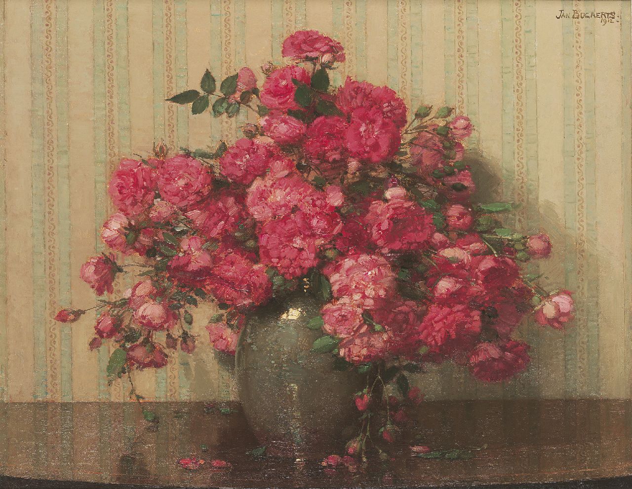 Bogaerts J.J.M. | Johannes Jacobus Maria 'Jan' Bogaerts, Rose trosroosjes in een vaas, olieverf op doek 40,5 x 50,4 cm, gesigneerd rechtsboven en gedateerd 1912 Bogaerts J.J.M. | Johannes Jacobus Maria 'Jan' Bogaerts, Rose trosroosjes in een vaas, olieverf op doek 40,5 x 50,4 cm, gesigneerd rechtsboven en gedateerd 1912