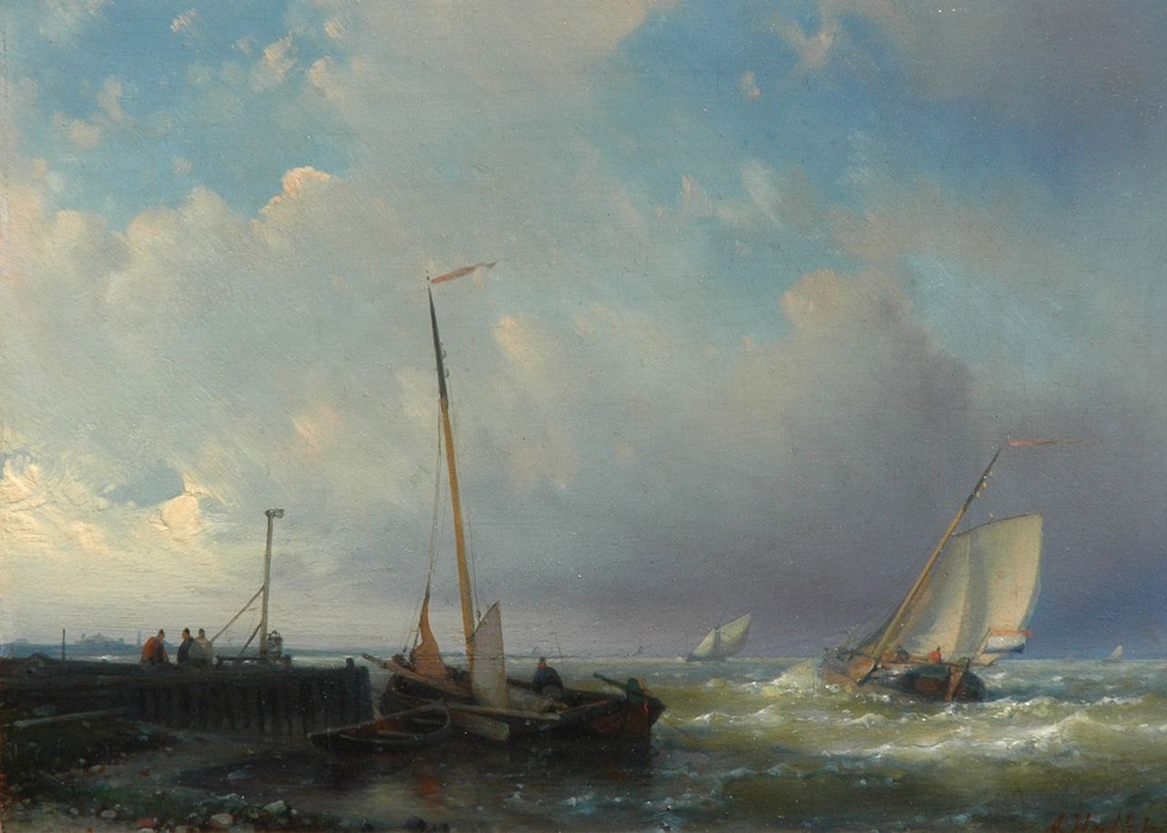 Hulk A. | Abraham Hulk, Hollandse botters bij een havenhoofd, olieverf op paneel 18,1 x 24,6 cm, gesigneerd rechtsonder Hulk A. | Abraham Hulk, Hollandse botters bij een havenhoofd, olieverf op paneel 18,1 x 24,6 cm, gesigneerd rechtsonder