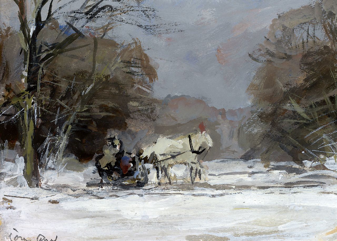 Apol L.F.H.  | Lodewijk Franciscus Hendrik 'Louis' Apol, Arrenslee in winters bos, gouache op papier 12,0 x 17,0 cm, gesigneerd linksonder