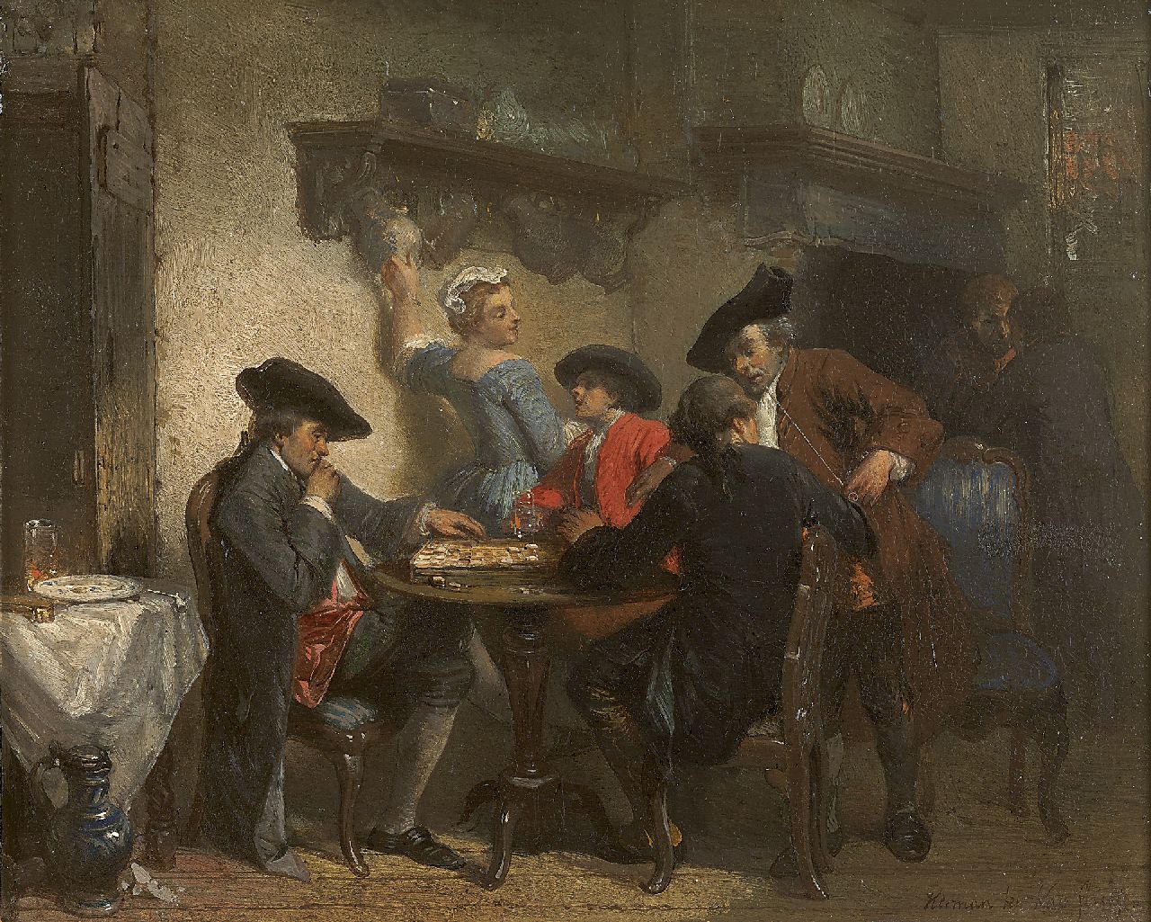 Kate H.F.C. ten | 'Herman' Frederik Carel ten Kate, Een partij dammen, olieverf op paneel 18,1 x 22,4 cm, gesigneerd rechtsonder