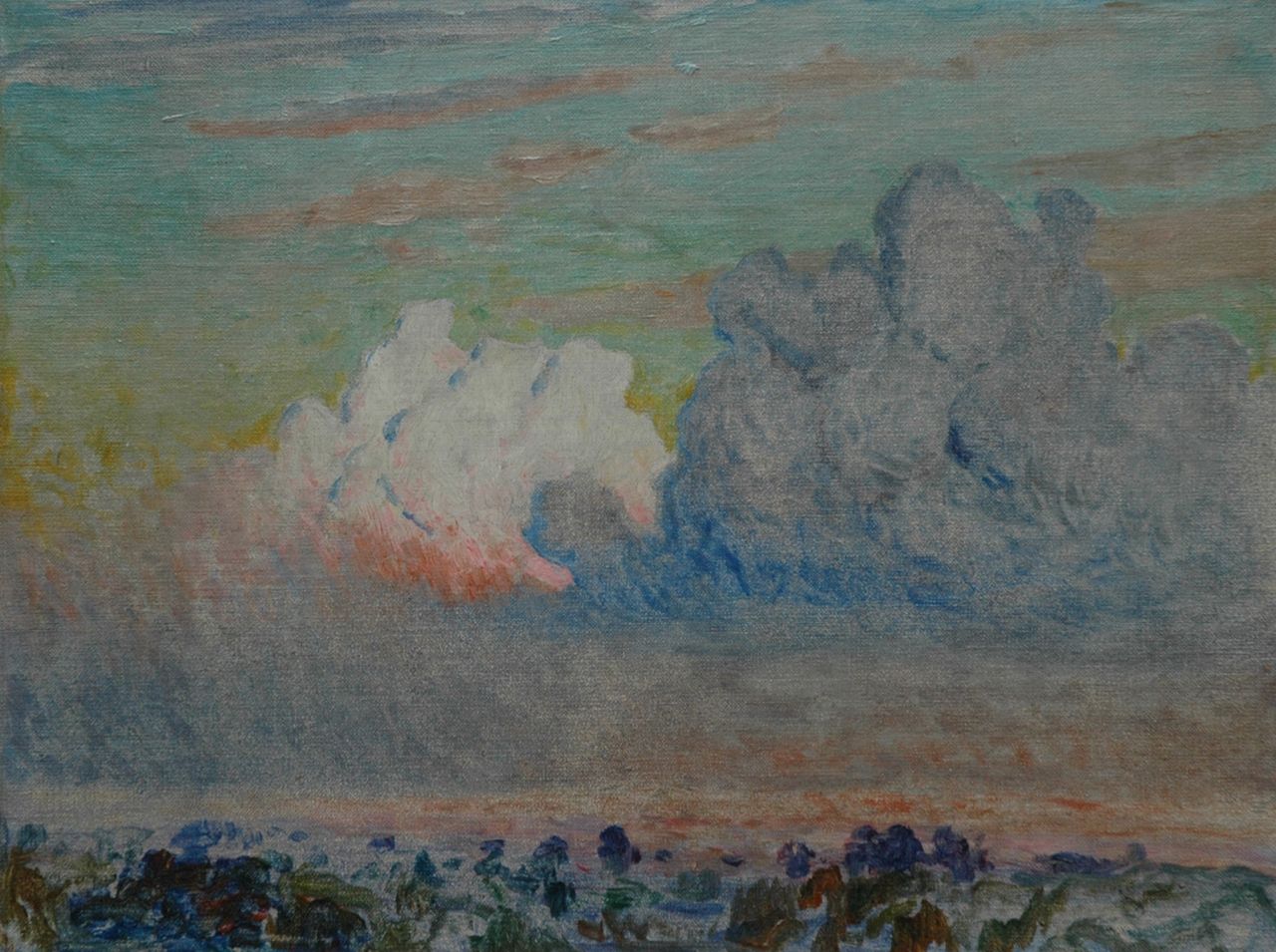 Claus E. | Emile Claus, Torenwolken, olieverf op doek op schildersboard 26,5 x 35,5 cm, te dateren ca. 1910-1920 Claus E. | Emile Claus, Torenwolken, olieverf op doek op schildersboard 26,5 x 35,5 cm, te dateren ca. 1910-1920