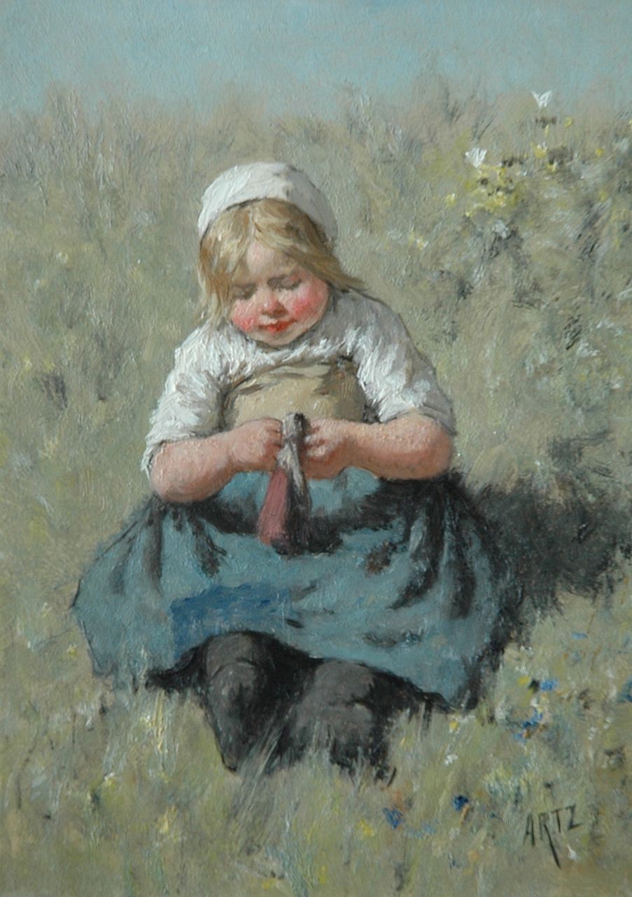 Artz D.A.C.  | David Adolphe Constant Artz, Vissersmeisje met popje in de duinen, olieverf op paneel 22,6 x 16,3 cm, gesigneerd rechtsonder