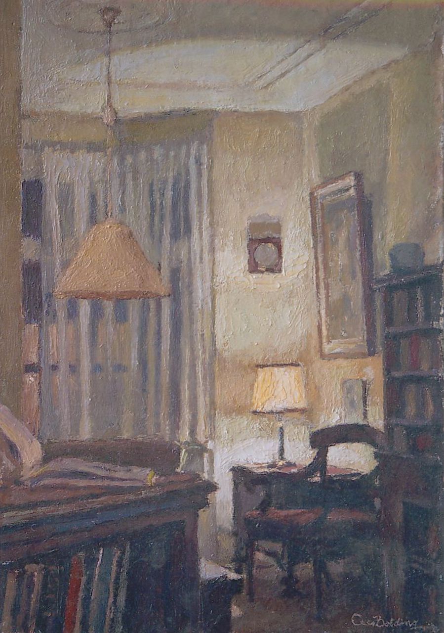 Bolding C. | Cornelis 'Cees' Bolding, Interieur bij avond, olieverf op doek op paneel 45,3 x 31,4 cm, gesigneerd rechtsonder Bolding C. | Cornelis 'Cees' Bolding, Interieur bij avond, olieverf op doek op paneel 45,3 x 31,4 cm, gesigneerd rechtsonder