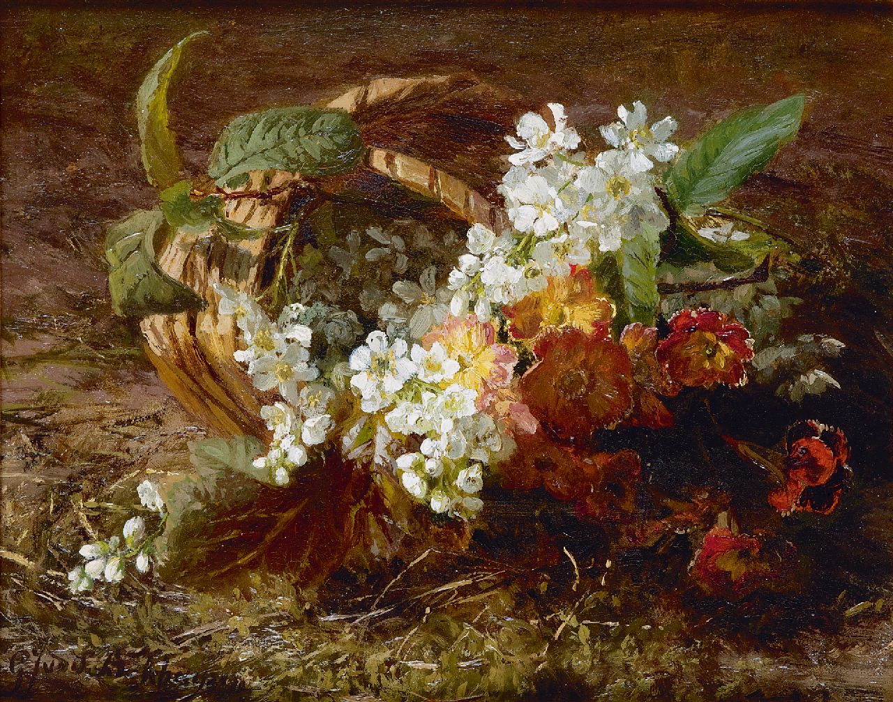Sande Bakhuyzen G.J. van de | 'Gerardine' Jacoba van de Sande Bakhuyzen | Schilderijen te koop aangeboden | Stilleven met kersenbloesem en primula's, olieverf op paneel 20,8 x 26,1 cm, gesigneerd linksonder Sande Bakhuyzen G.J. van de | 'Gerardine' Jacoba van de Sande Bakhuyzen | Schilderijen te koop aangeboden | Stilleven met kersenbloesem en primula's, olieverf op paneel 20,8 x 26,1 cm, gesigneerd linksonder