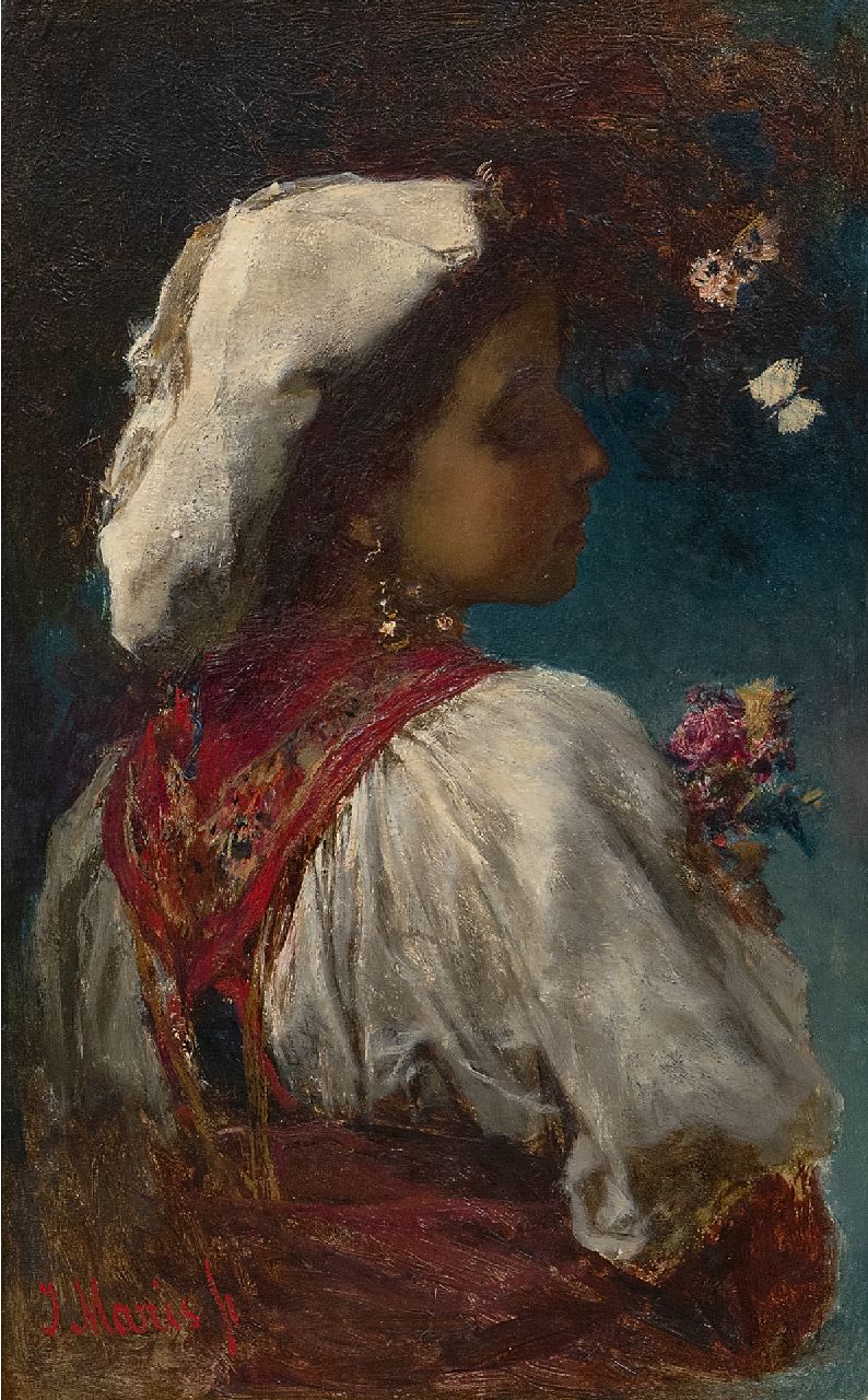 Maris J.H. | Jacobus Hendricus 'Jacob' Maris, Italienne met bloemen en vlinders, olieverf op paneel 33,0 x 20,9 cm, gesigneerd linksonder en te dateren ca. 1866-1868 Maris J.H. | Jacobus Hendricus 'Jacob' Maris, Italienne met bloemen en vlinders, olieverf op paneel 33,0 x 20,9 cm, gesigneerd linksonder en te dateren ca. 1866-1868