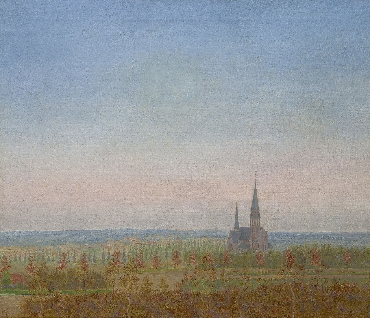Nieweg J. | Jakob Nieweg, Gezicht vanaf de Amersfoortse Berg met de St. Ansfriduskerk, olieverf op doek 60,5 x 70,8 cm, gesigneerd linksonder met monogram en gedateerd 1920 Nieweg J. | Jakob Nieweg, Gezicht vanaf de Amersfoortse Berg met de St. Ansfriduskerk, olieverf op doek 60,5 x 70,8 cm, gesigneerd linksonder met monogram en gedateerd 1920