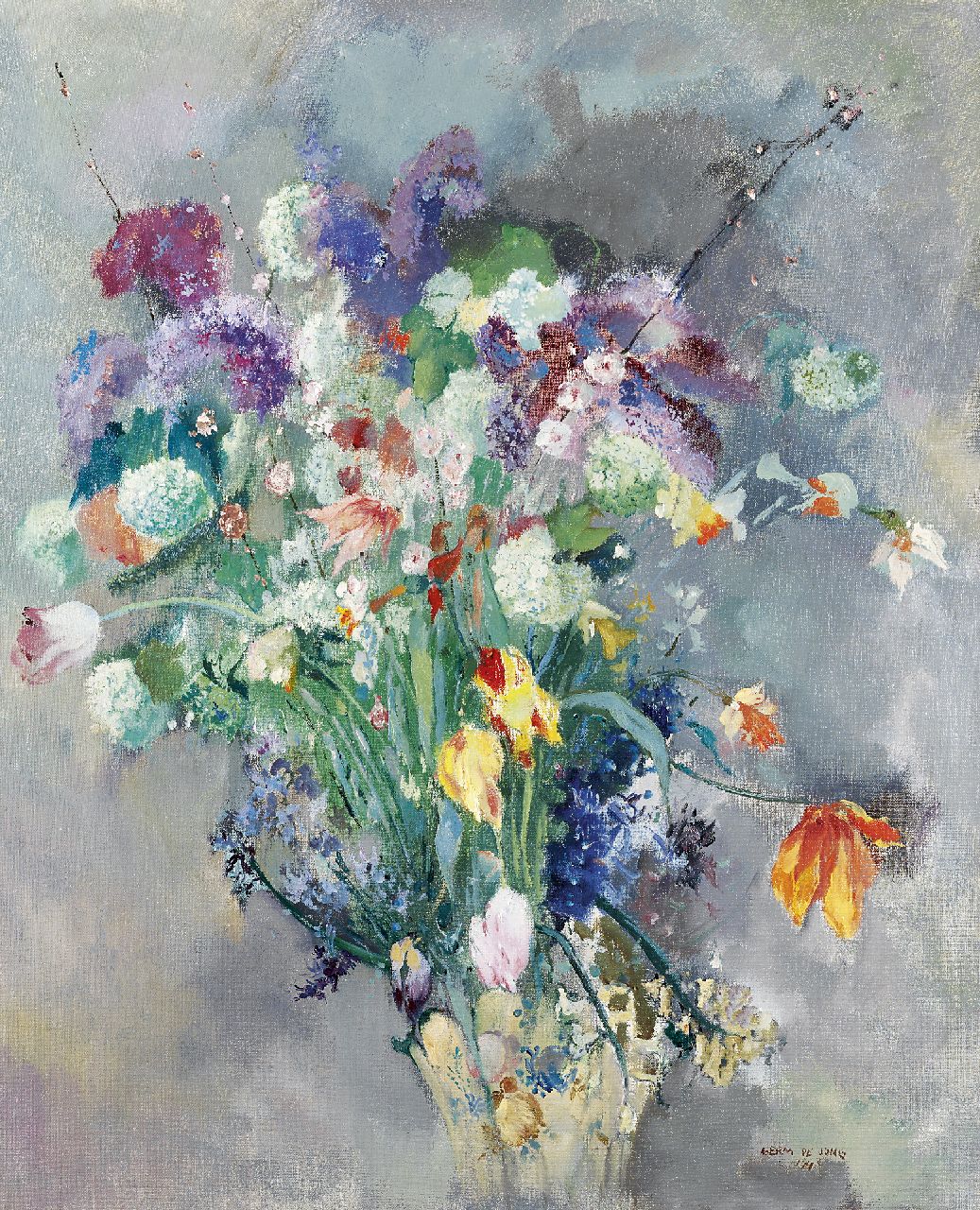 Jong G. de | Gerben 'Germ' de Jong, Voorjaarsbloemen, olieverf op doek 81,4 x 65,4 cm, gesigneerd rechtsonder en gedateerd 1943 Jong G. de | Gerben 'Germ' de Jong, Voorjaarsbloemen, olieverf op doek 81,4 x 65,4 cm, gesigneerd rechtsonder en gedateerd 1943