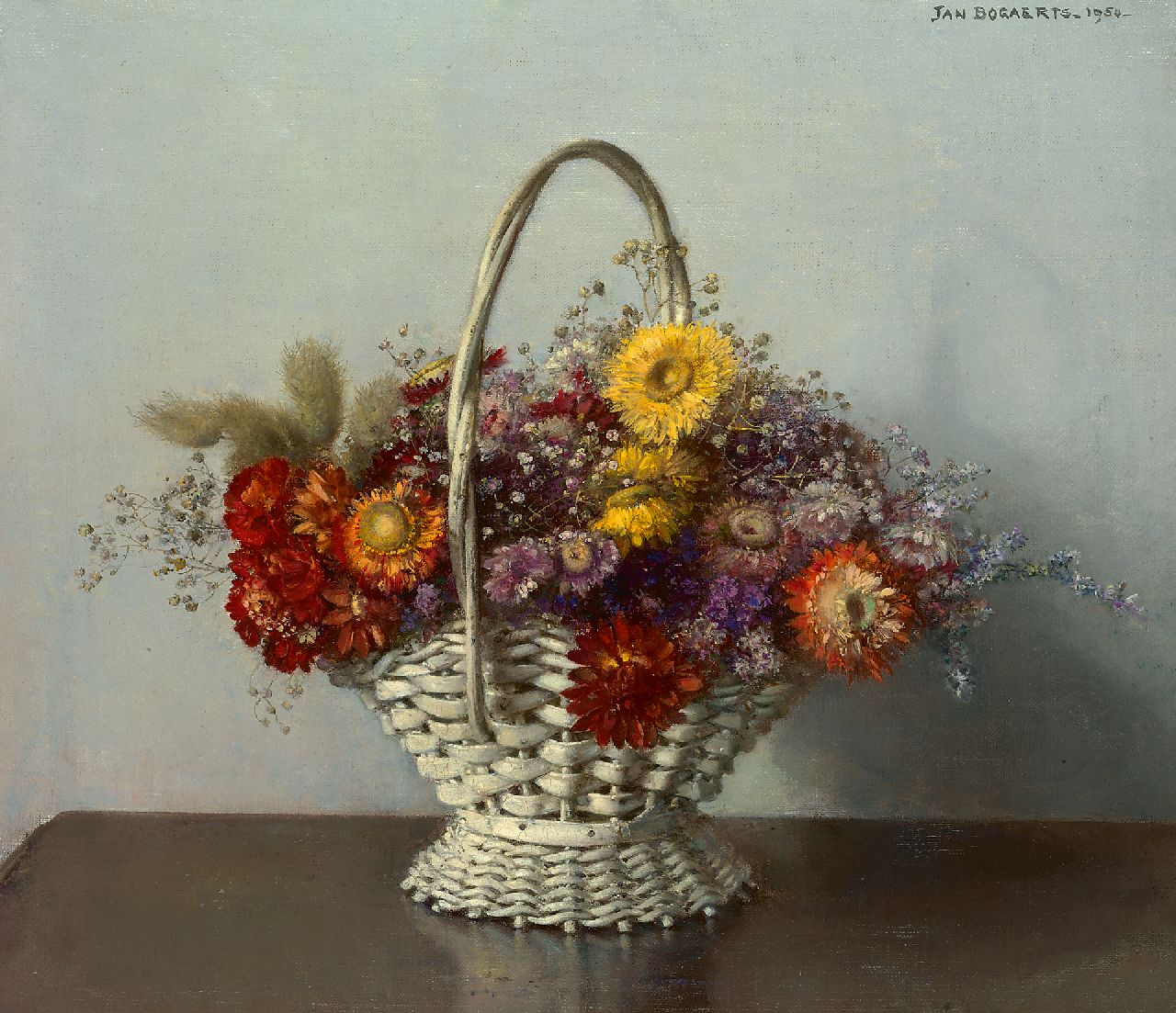 Bogaerts J.J.M. | Johannes Jacobus Maria 'Jan' Bogaerts | Schilderijen te koop aangeboden | Droogbloemen in een mandje, olieverf op doek 35,0 x 40,0 cm, gesigneerd rechtsboven en gedateerd 1950 Bogaerts J.J.M. | Johannes Jacobus Maria 'Jan' Bogaerts | Schilderijen te koop aangeboden | Droogbloemen in een mandje, olieverf op doek 35,0 x 40,0 cm, gesigneerd rechtsboven en gedateerd 1950