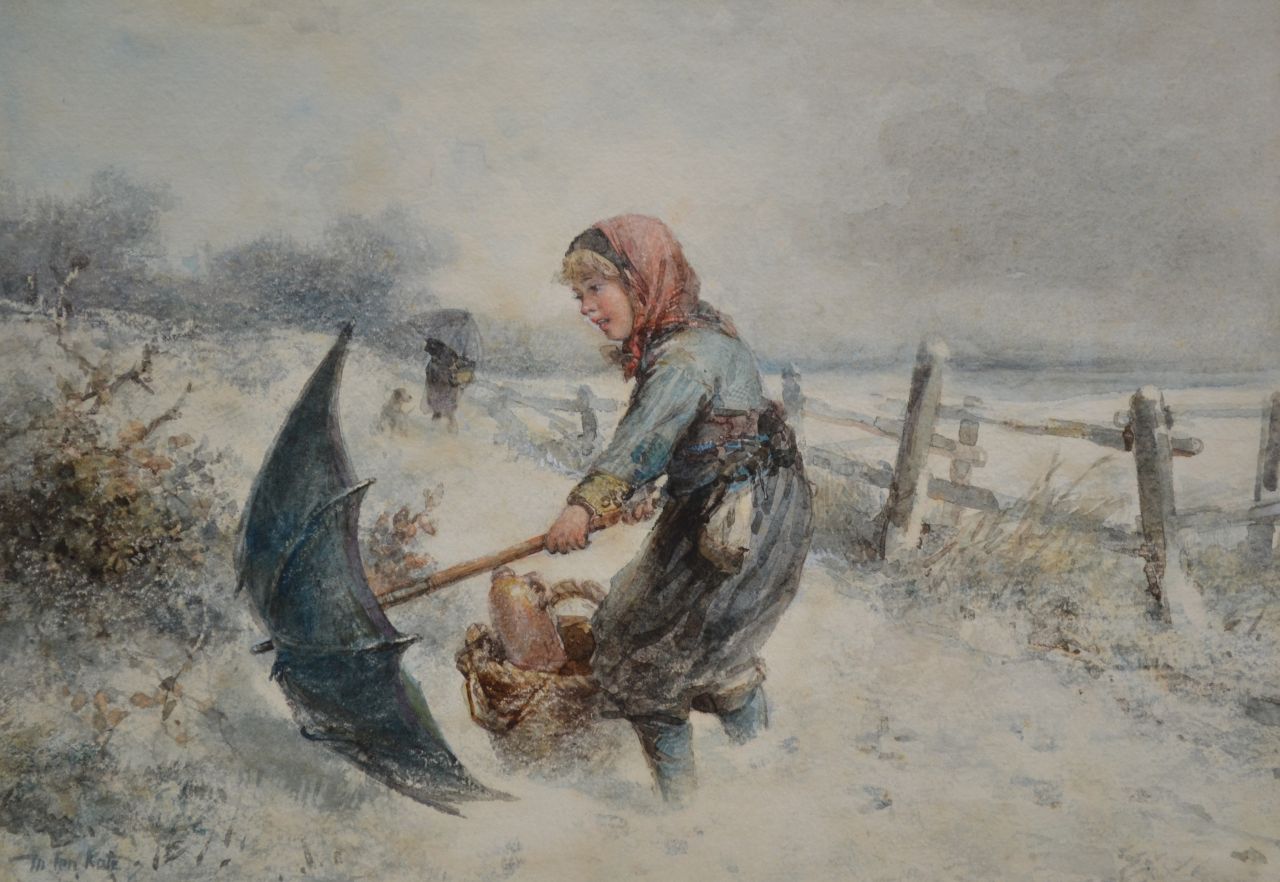 Kate J.M.H. ten | Johan 'Mari' Henri ten Kate, Jong meisje met paraplu in de sneeuw, zwart krijt en aquarel op papier 25,1 x 35,6 cm, gesigneerd linksonder Kate J.M.H. ten | Johan 'Mari' Henri ten Kate, Jong meisje met paraplu in de sneeuw, zwart krijt en aquarel op papier 25,1 x 35,6 cm, gesigneerd linksonder