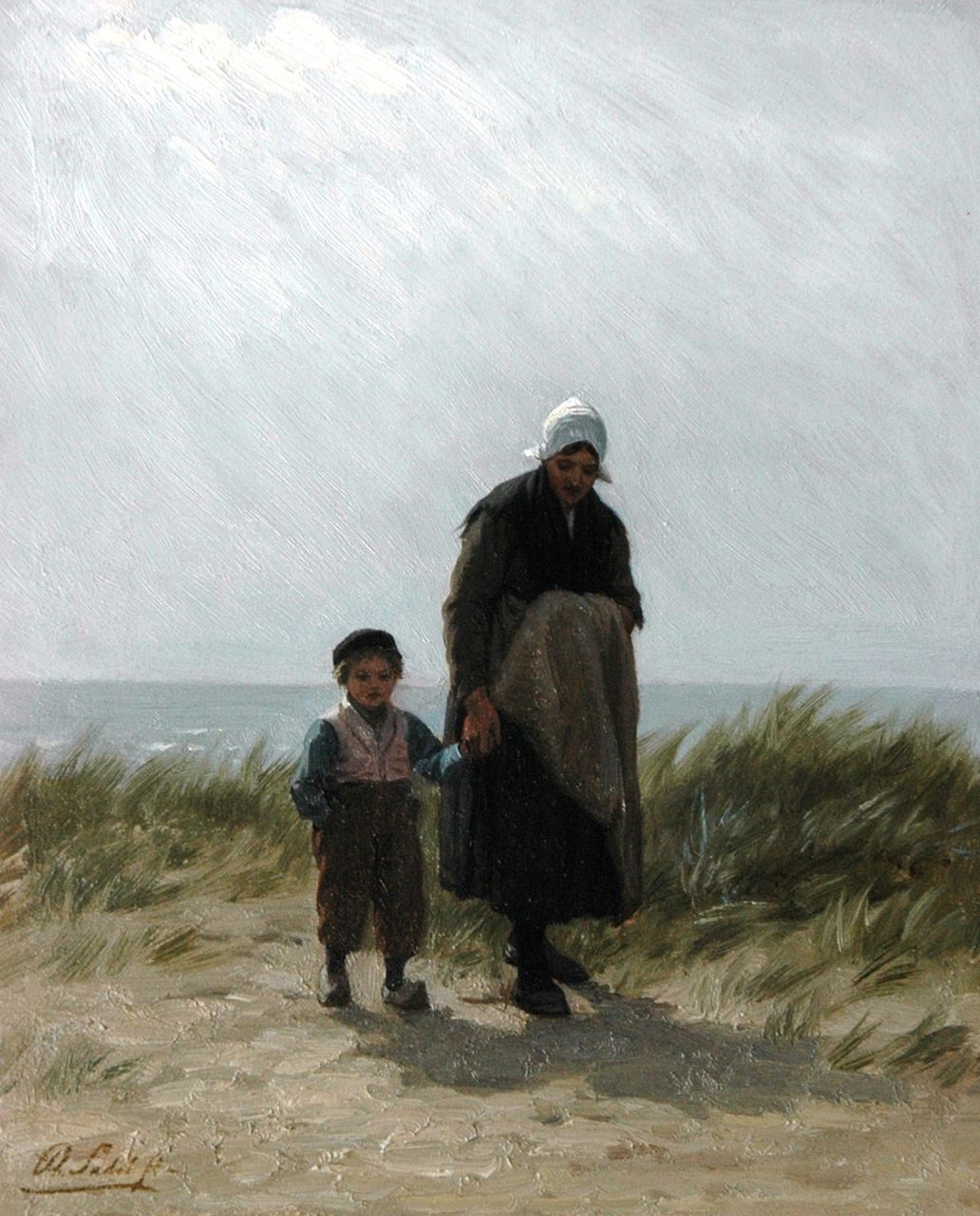 Sadée P.L.J.F. | Philip Lodewijk Jacob Frederik Sadée, Moeder en kind op het duin, Scheveningen, olieverf op paneel 26,1 x 20,9 cm, gesigneerd linksonder Sadée P.L.J.F. | Philip Lodewijk Jacob Frederik Sadée, Moeder en kind op het duin, Scheveningen, olieverf op paneel 26,1 x 20,9 cm, gesigneerd linksonder