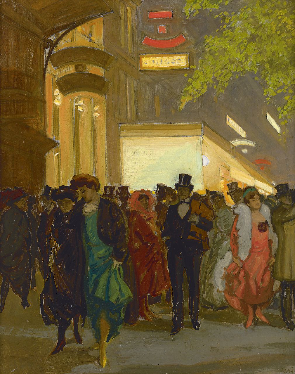 Minartz A.G. | Antoine Guillaume 'Tony' Minartz, Bij het uitgaan van het theater, olieverf op board 53,5 x 43,4 cm, gesigneerd rechtsonder Minartz A.G. | Antoine Guillaume 'Tony' Minartz, Bij het uitgaan van het theater, olieverf op board 53,5 x 43,4 cm, gesigneerd rechtsonder
