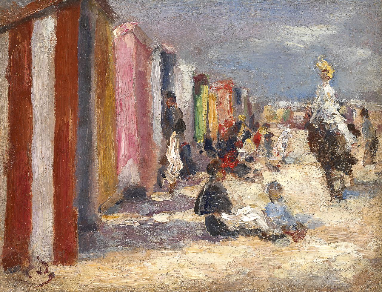 Dufour L.  | Léon Dufour, Strandgezicht, olieverf op paneel 13,8 x 18,0 cm, gesigneerd linksonder met monogram