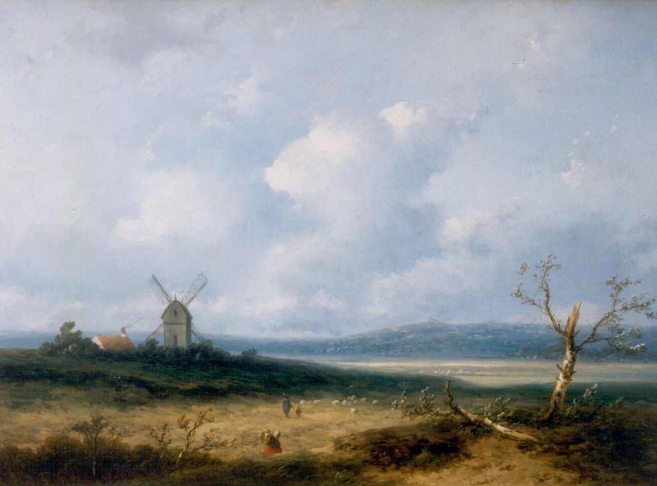 Hoppenbrouwers J.F. | Johannes Franciscus Hoppenbrouwers, Zomerlandschap met schaapsherder en molen, olieverf op paneel 23,0 x 30,4 cm, gesigneerd linksonder Hoppenbrouwers J.F. | Johannes Franciscus Hoppenbrouwers, Zomerlandschap met schaapsherder en molen, olieverf op paneel 23,0 x 30,4 cm, gesigneerd linksonder