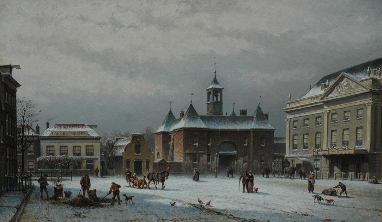 Hilverdink E.A. | Eduard Alexander Hilverdink, Het besneeuwde Leidseplein, Amsterdam, met de Leidsepoort en de houten Stadsschouwburg, olieverf op doek 45,6 x 77,1 cm, gesigneerd linksonder en te dateren ca. 1860 Hilverdink E.A. | Eduard Alexander Hilverdink, Het besneeuwde Leidseplein, Amsterdam, met de Leidsepoort en de houten Stadsschouwburg, olieverf op doek 45,6 x 77,1 cm, gesigneerd linksonder en te dateren ca. 1860