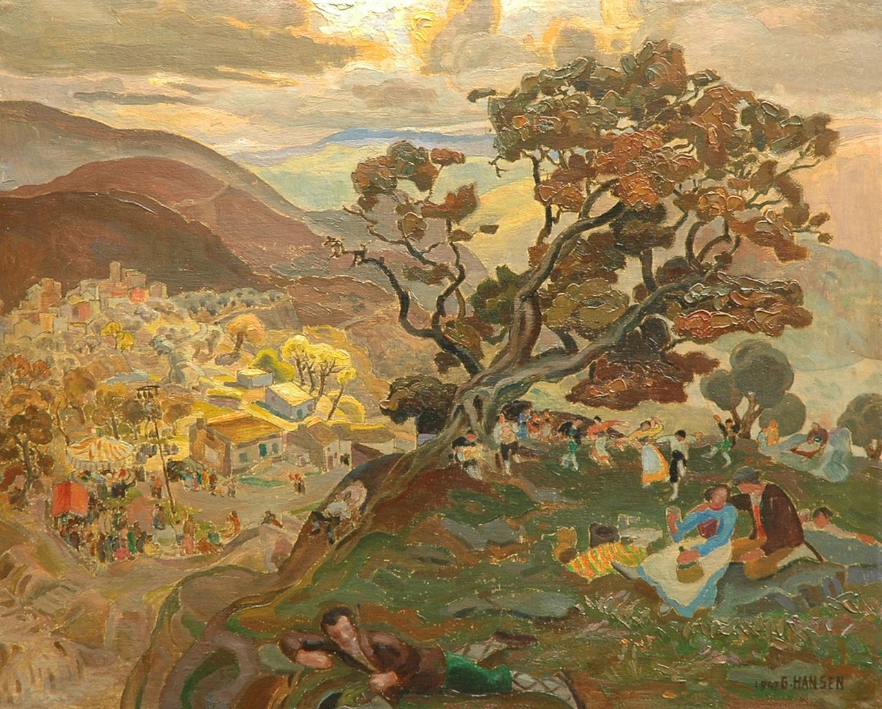 Hansen G.  | Gilbert Hansen, Dorpsfeest, olieverf op doek op board 44,1 x 55,0 cm, gesigneerd rechtsonder en gedateerd 1947
