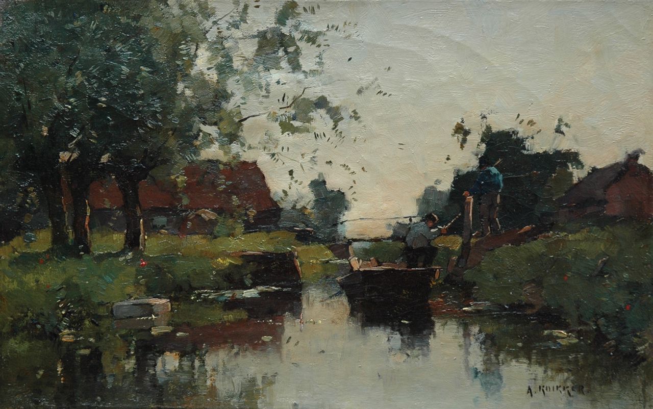 Knikker A. | Aris Knikker, Praamschuit op een poldersloot, olieverf op doek 23,3 x 36,5 cm, gesigneerd rechtsonder Knikker A. | Aris Knikker, Praamschuit op een poldersloot, olieverf op doek 23,3 x 36,5 cm, gesigneerd rechtsonder