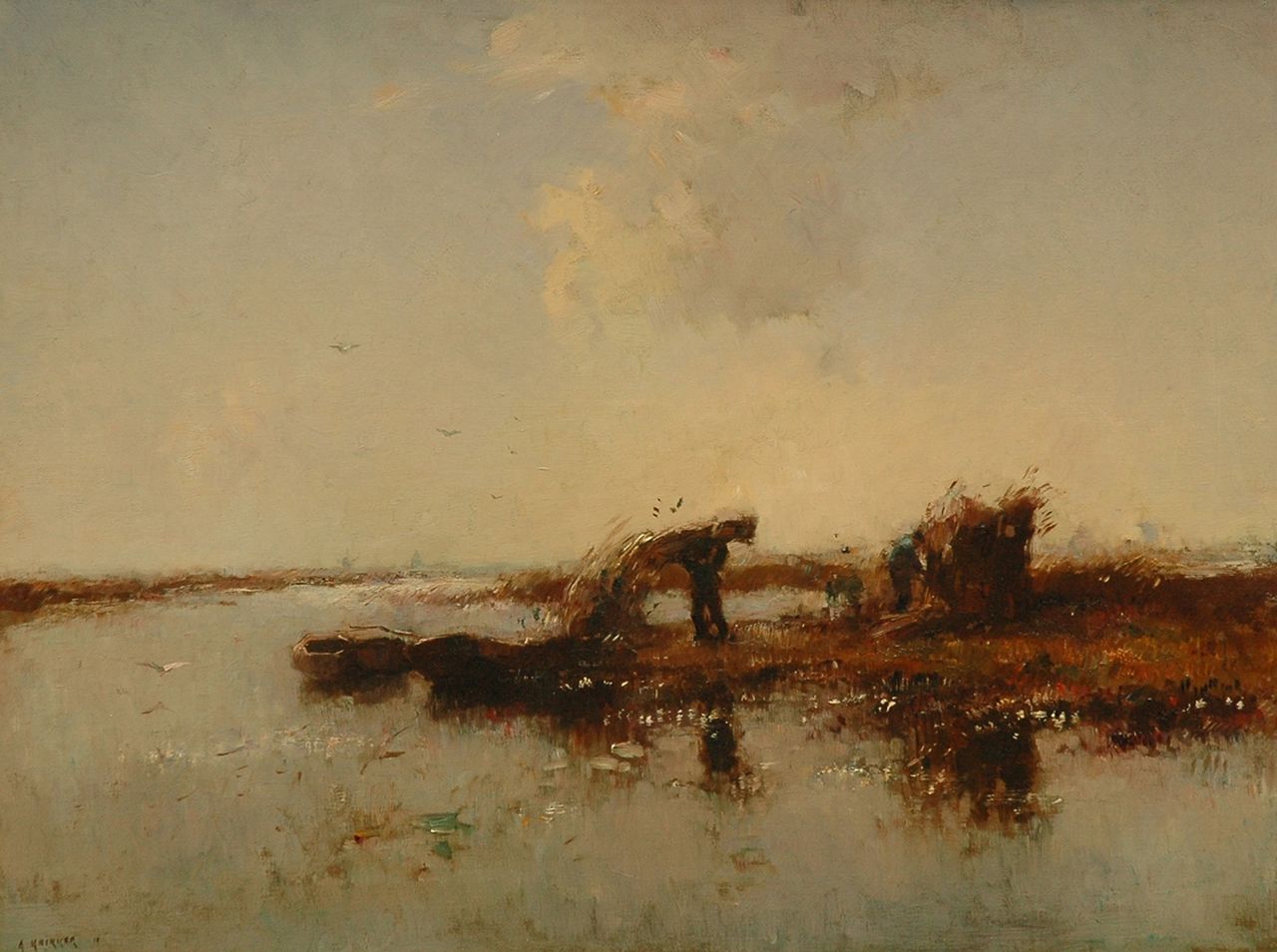 Knikker A. | Aris Knikker, Rietsnijders, olieverf op doek 45,9 x 61,2 cm, gesigneerd linksonder en gedateerd '18 Knikker A. | Aris Knikker, Rietsnijders, olieverf op doek 45,9 x 61,2 cm, gesigneerd linksonder en gedateerd '18