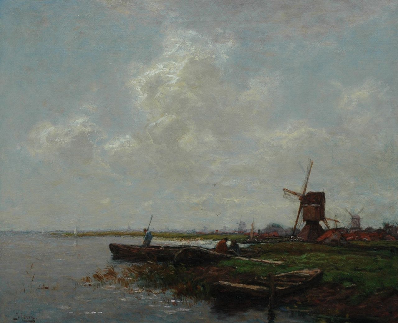 Leurs J.K.   | Johannes Karel Leurs, Polderlandschap met pramen en wipmolen, olieverf op doek 65,6 x 80,4 cm, gesigneerd linksonder