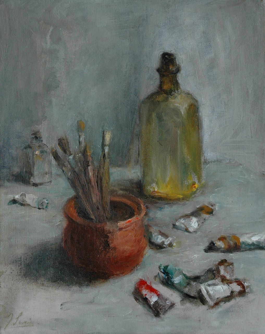 Surie J.  | Jacoba 'Coba' Surie, Stilleven van schildersattributen, olieverf op doek 51,3 x 41,7 cm, gesigneerd linksonder