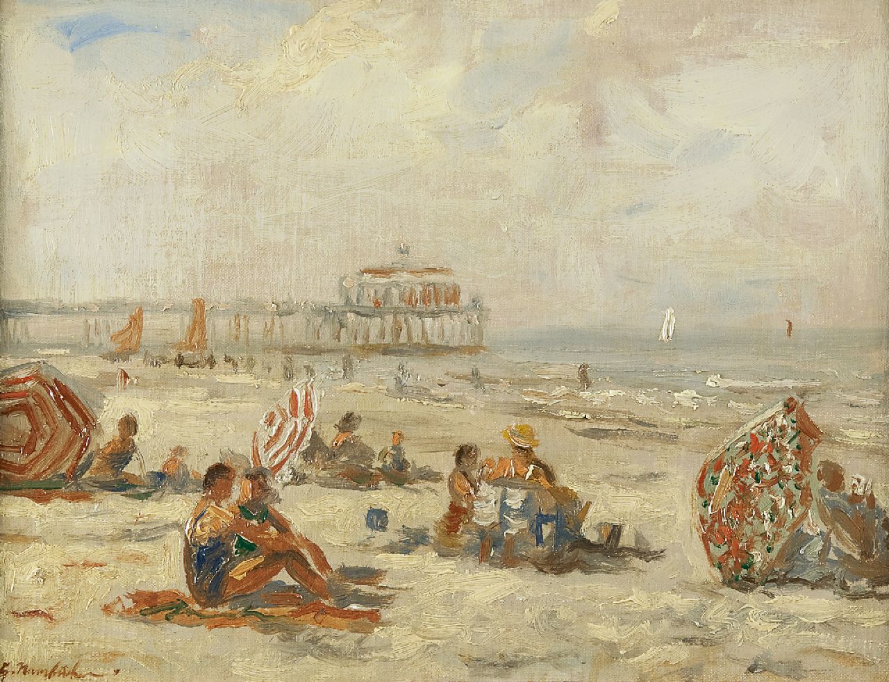 Hambüchen G.  | Georg Hambüchen, Zonnebaden in Scheveningen, olieverf op doek op paneel 30,0 x 39,0 cm, gesigneerd linksonder