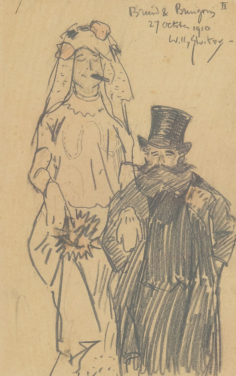 Sluiter J.W. | Jan Willem 'Willy' Sluiter | Aquarellen en tekeningen te koop aangeboden | Bruid en bruigom, potlood op papier 19,5 x 12,5 cm, gesigneerd rechtsboven en gedateerd 27 october 1910 Sluiter J.W. | Jan Willem 'Willy' Sluiter | Aquarellen en tekeningen te koop aangeboden | Bruid en bruigom, potlood op papier 19,5 x 12,5 cm, gesigneerd rechtsboven en gedateerd 27 october 1910