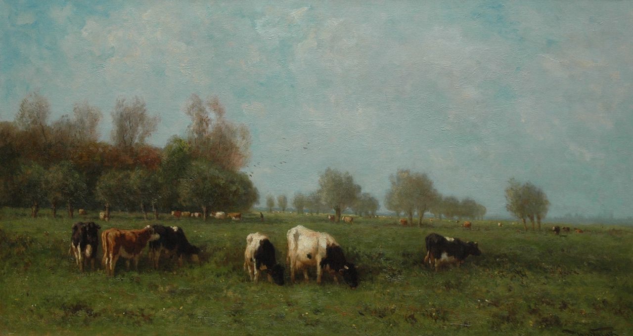 Vrolijk J.M.  | Johannes Martinus 'Jan' Vrolijk, Koeien in een weide met wilgen, olieverf op doek 54,3 x 100,2 cm, gesigneerd rechtsonder