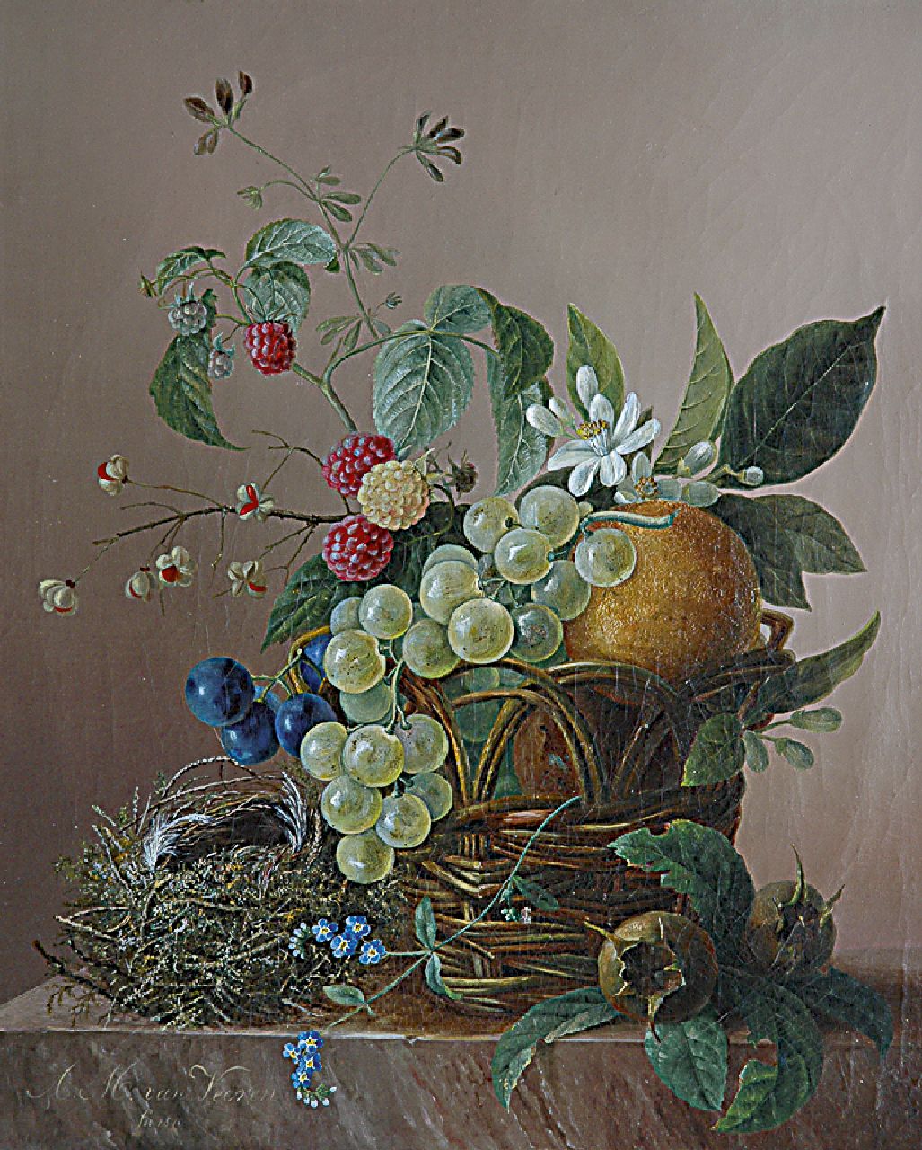 Veeren A.M. van | Anna Maria van Veeren, Stilleven met fruitmand en vogelnestje, olieverf op doek 37,7 x 31,2 cm, gesigneerd linksonder en gedateerd 1840 Veeren A.M. van | Anna Maria van Veeren, Stilleven met fruitmand en vogelnestje, olieverf op doek 37,7 x 31,2 cm, gesigneerd linksonder en gedateerd 1840