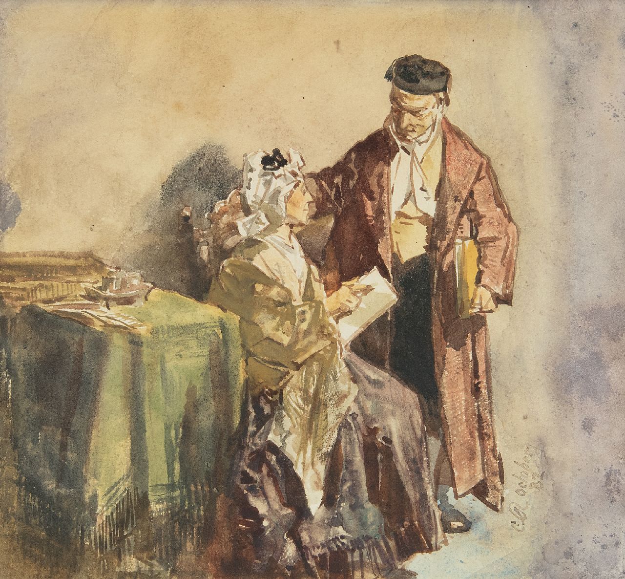 Rochussen Ch. | Charles Rochussen | Aquarellen en tekeningen te koop aangeboden | De brief, aquarel op papier 21,2 x 22,9 cm, gesigneerd rechtsonder met monogram en gedateerd october '82 Rochussen Ch. | Charles Rochussen | Aquarellen en tekeningen te koop aangeboden | De brief, aquarel op papier 21,2 x 22,9 cm, gesigneerd rechtsonder met monogram en gedateerd october '82