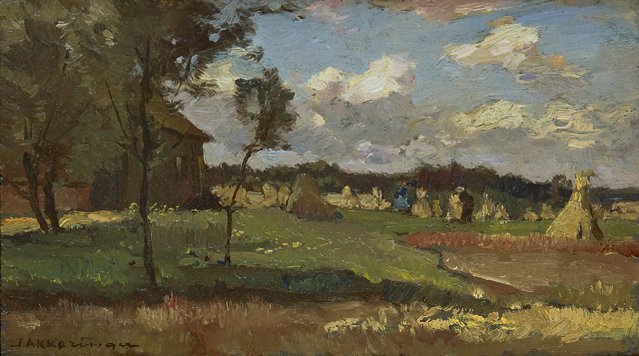 Akkeringa J.E.H. | 'Johannes Evert' Hendrik Akkeringa, Oogsttijd, olieverf op paneel 12,5 x 22,0 cm, gesigneerd linksonder Akkeringa J.E.H. | 'Johannes Evert' Hendrik Akkeringa, Oogsttijd, olieverf op paneel 12,5 x 22,0 cm, gesigneerd linksonder