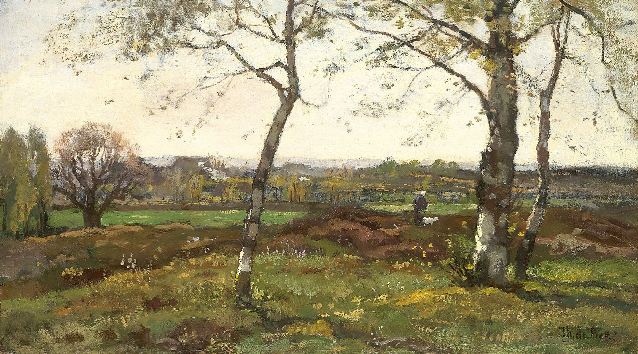 Bock T.E.A. de | Théophile Emile Achille de Bock, Zomers landschap met boerin en geitje, olieverf op doek 33,2 x 58,5 cm, gesigneerd rechtsonder Bock T.E.A. de | Théophile Emile Achille de Bock, Zomers landschap met boerin en geitje, olieverf op doek 33,2 x 58,5 cm, gesigneerd rechtsonder
