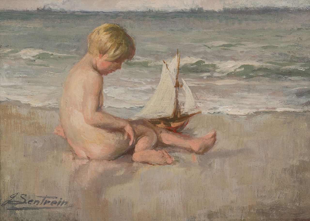Lentrein J.  | Jules Lentrein | Schilderijen te koop aangeboden | Meisje, spelend op het strand, olieverf op paneel 25,0 x 35,0 cm, gesigneerd linksonder