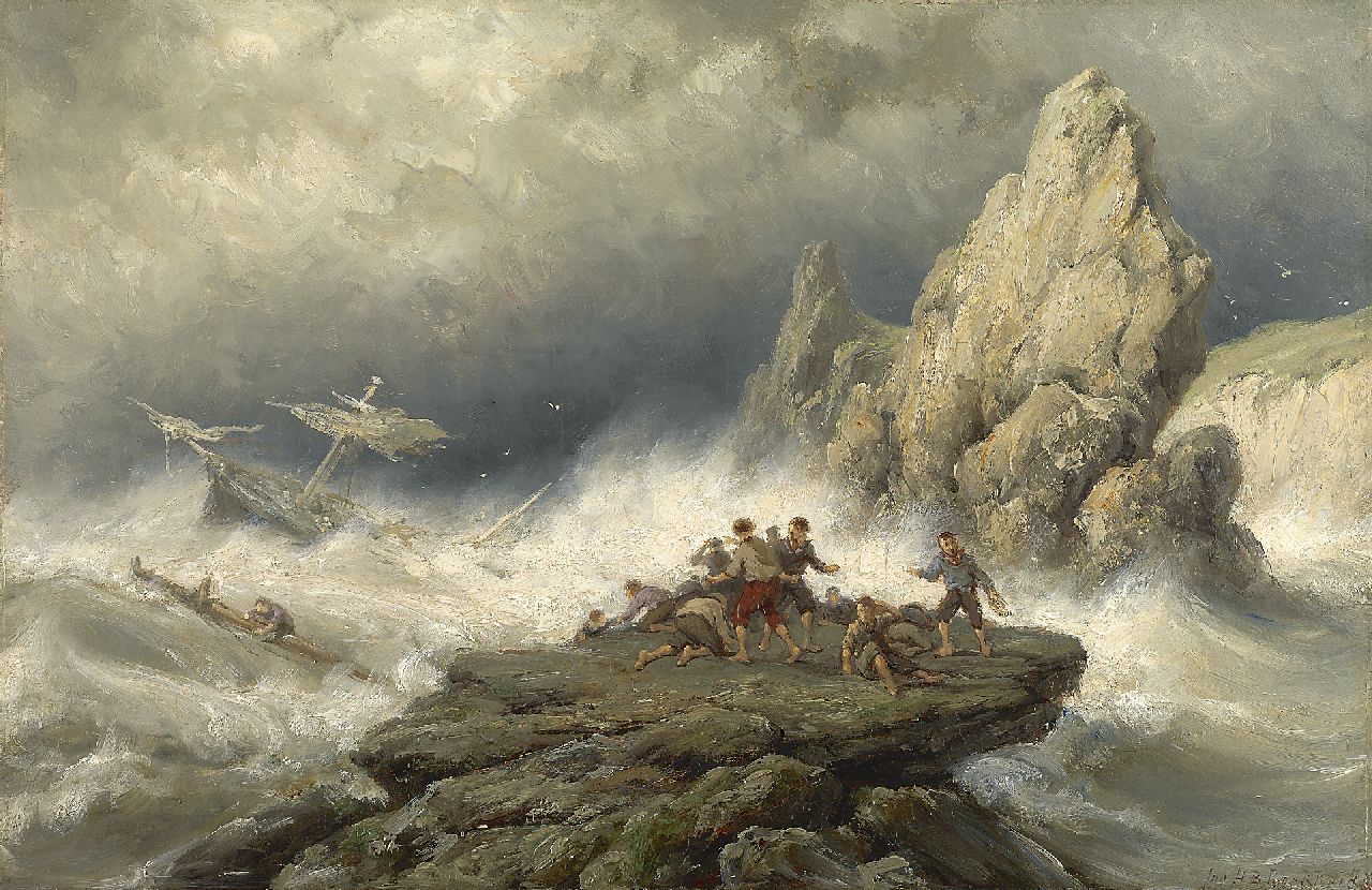 Koekkoek J.H.B.  | Johannes Hermanus Barend 'Jan H.B.' Koekkoek, Schipbreuk voor de Engelse kust, olieverf op paneel 33,8 x 52,3 cm, gesigneerd rechtsonder en gedateerd 1881 op etiket op spieraam