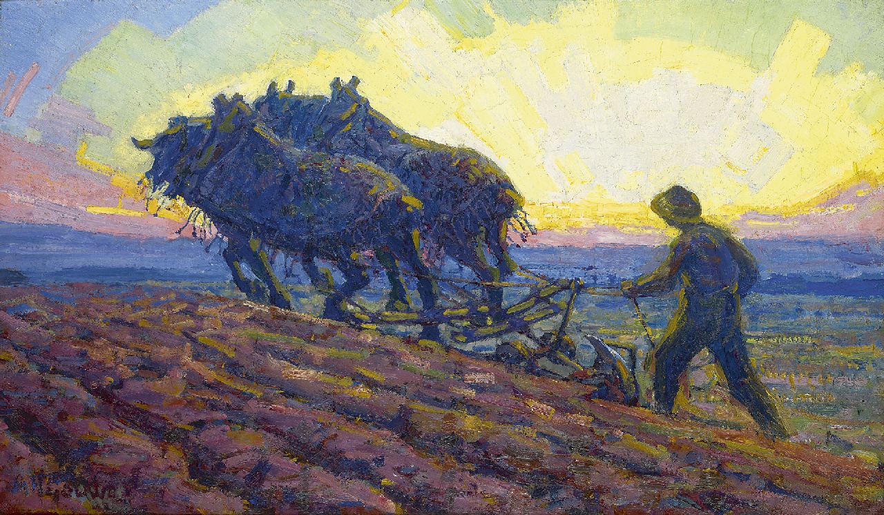 Gouwe A.H. | Adriaan Herman Gouwe, Ploegende paarden bij zonsopkomst, olieverf op doek 48,8 x 82,0 cm, gesigneerd linksonder en te dateren ca. 1916-1918 Gouwe A.H. | Adriaan Herman Gouwe, Ploegende paarden bij zonsopkomst, olieverf op doek 48,8 x 82,0 cm, gesigneerd linksonder en te dateren ca. 1916-1918