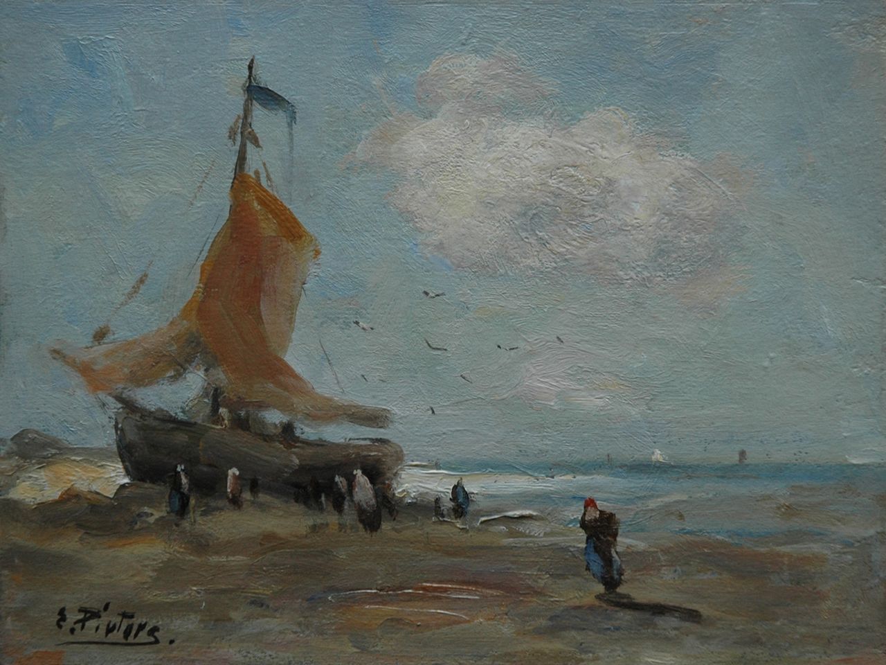 Pieters E. | Evert Pieters, Bomschuit op het strand, olieverf op schildersboard 19,1 x 25,3 cm, gesigneerd linksonder Pieters E. | Evert Pieters, Bomschuit op het strand, olieverf op schildersboard 19,1 x 25,3 cm, gesigneerd linksonder