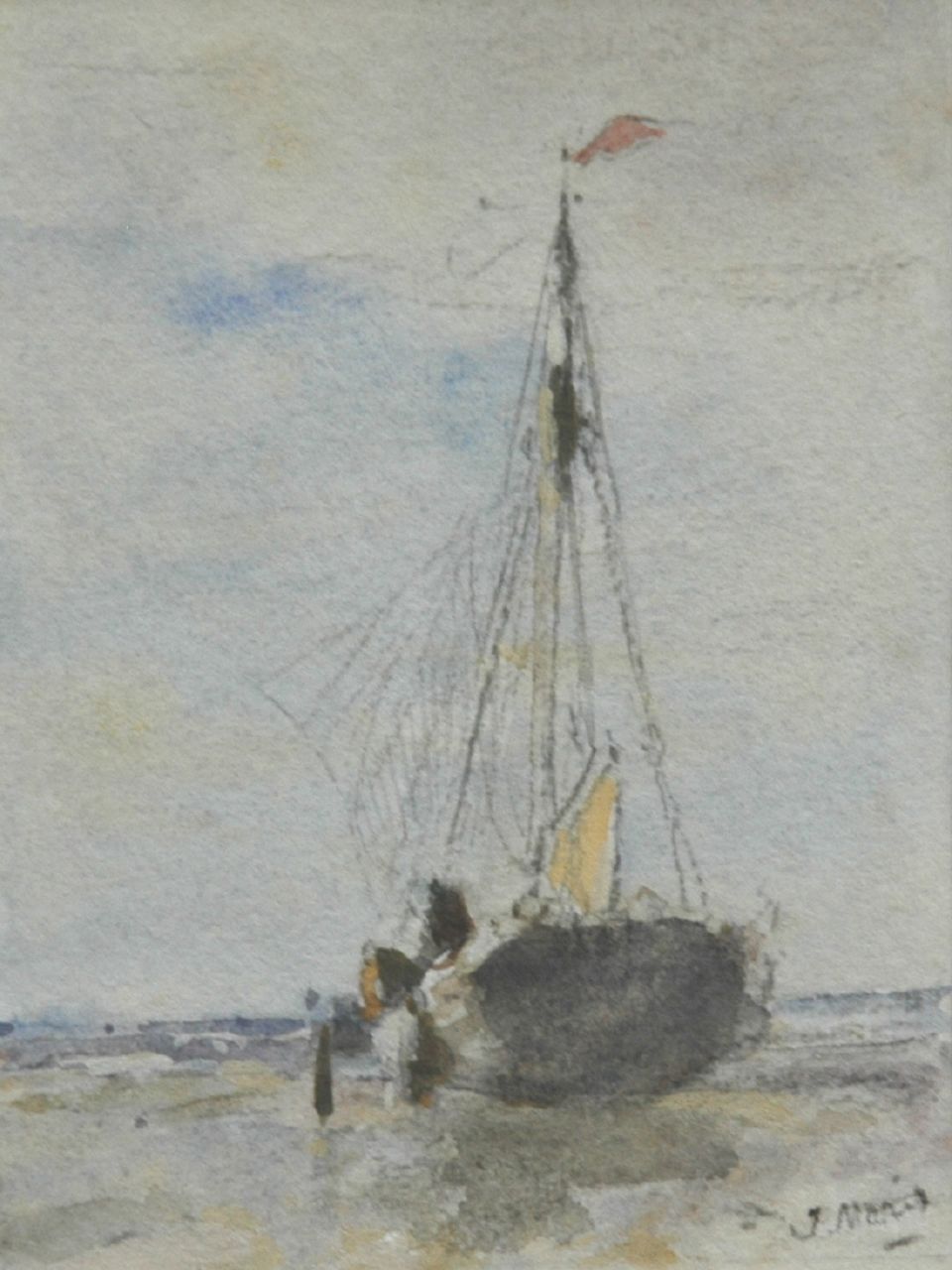Maris J.H. | Jacobus Hendricus 'Jacob' Maris, Menukaart met aquarel van een op het strand getrokken bomschuit, aquarel op papier 11,5 x 8,5 cm, gesigneerd rechtsonder en verso gedateerd 4 mei 1895 Maris J.H. | Jacobus Hendricus 'Jacob' Maris, Menukaart met aquarel van een op het strand getrokken bomschuit, aquarel op papier 11,5 x 8,5 cm, gesigneerd rechtsonder en verso gedateerd 4 mei 1895