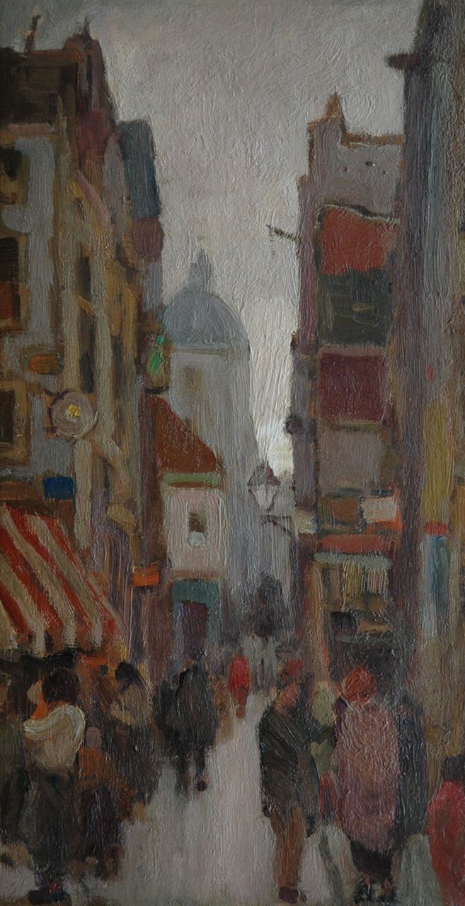 Kropff J. | Johan 'Joop' Kropff, Drukke winkelstraat, olieverf op doek op paneel 33,3 x 17,8 cm Kropff J. | Johan 'Joop' Kropff, Drukke winkelstraat, olieverf op doek op paneel 33,3 x 17,8 cm