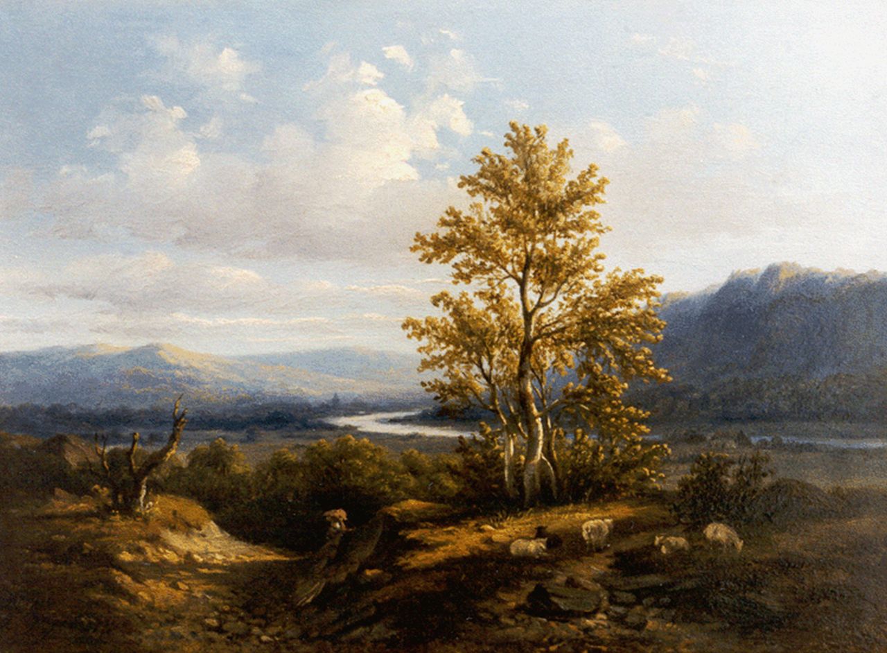 Wijngaerdt A.J. van | Anthonie Jacobus van Wijngaerdt, Rijnlandschap met grazende schapen, olieverf op paneel 19,3 x 26,3 cm, gesigneerd linksonder Wijngaerdt A.J. van | Anthonie Jacobus van Wijngaerdt, Rijnlandschap met grazende schapen, olieverf op paneel 19,3 x 26,3 cm, gesigneerd linksonder