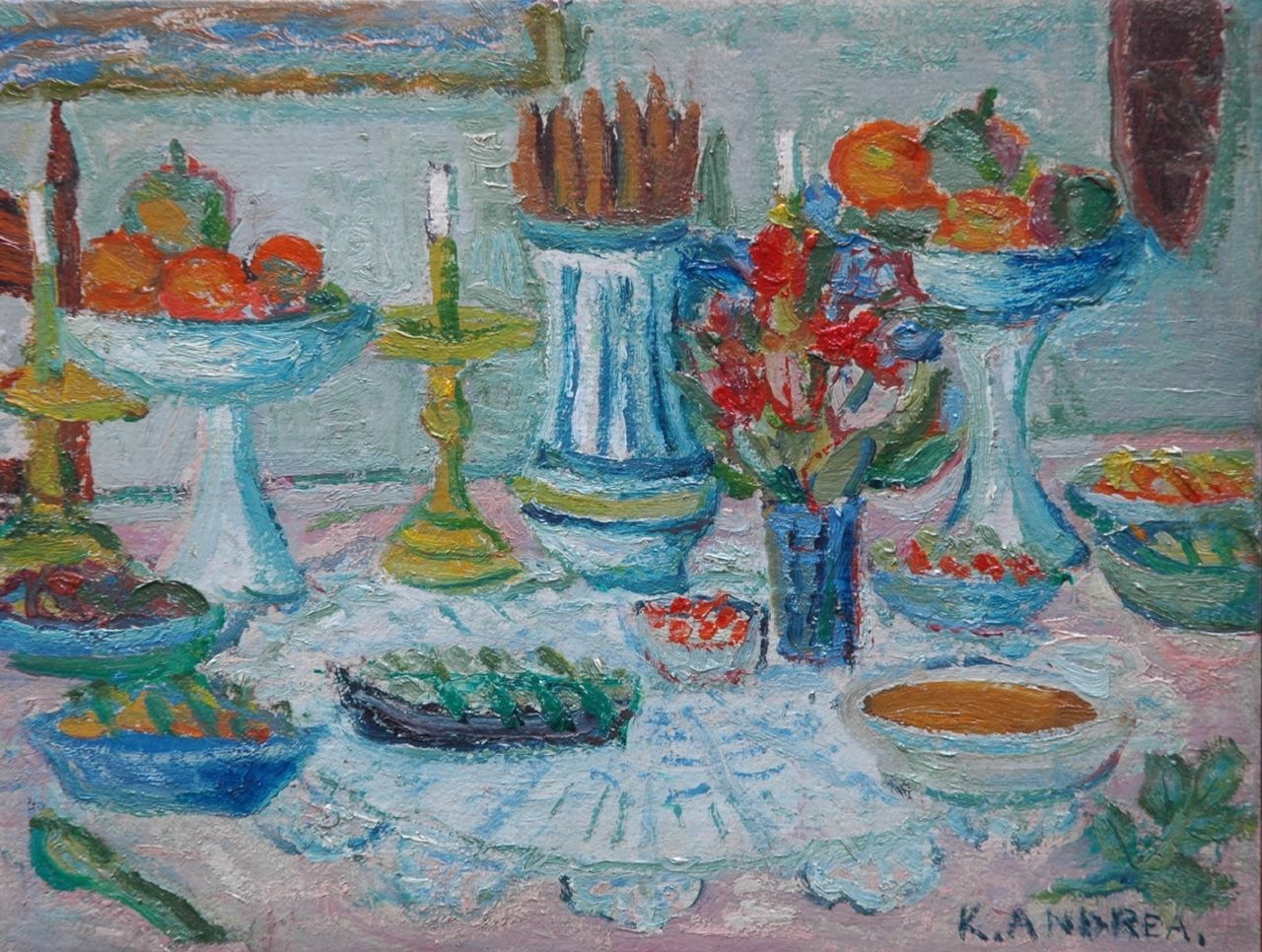 Andréa C. | Cornelis 'Kees' Andréa, Feesttafel, olieverf op board 15,9 x 21,0 cm, gesigneerd rechtsonder Andréa C. | Cornelis 'Kees' Andréa, Feesttafel, olieverf op board 15,9 x 21,0 cm, gesigneerd rechtsonder