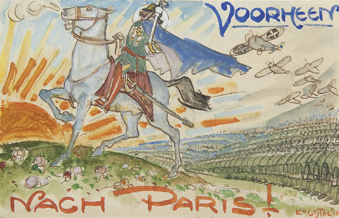 Gestel L. | Leendert 'Leo' Gestel, Nach Paris!: keizer Wilhelm II trekt ten strijde, aquarel op papier 9,0 x 14,0 cm, gesigneerd rechtsonder en gedateerd '18 Gestel L. | Leendert 'Leo' Gestel, Nach Paris!: keizer Wilhelm II trekt ten strijde, aquarel op papier 9,0 x 14,0 cm, gesigneerd rechtsonder en gedateerd '18